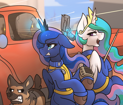 Size: 1680x1440 | Tagged: dead source, safe, artist:whitepone, princess celestia, princess luna, alicorn, dog, pony, two best sisters play, g4, 10mm pistol, car, clothes, crossover, crown, derp, dogmeat, fallout, fallout 4, female, floppy ears, gun, hand, handgun, jewelry, jumpsuit, magic, magic hands, mare, pipboy, pistol, pool cue, regalia, royal sisters, truck, vault suit, weapon