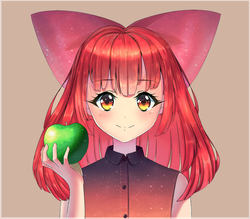 Size: 1620x1421 | Tagged: safe, artist:mite-lime, apple bloom, human, g4, adorabloom, anime, apple, bow, bust, clothes, cute, female, food, hair bow, humanized, looking at you, smiling, solo