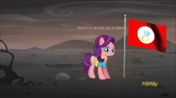 Size: 1173x659 | Tagged: safe, spoiled rich, earth pony, pony, g4, the cutie re-mark, alternate timeline, ashlands timeline, barren, female, flag, implied genocide, mare, overcast, post-apocalyptic, solo, wasteland