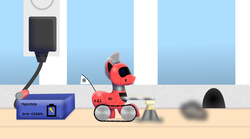 Size: 1800x1004 | Tagged: safe, artist:trackheadtherobopony, oc, oc only, oc:trackhead, pony, robot, robot pony, charging pad, cute, dust, eyes closed, flag, male, micro, miniaturized, mouse hole, plug, shrinking, smiling, solo, sweeping