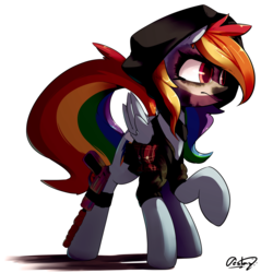 Size: 4520x4720 | Tagged: safe, artist:luxaestas, rainbow dash, pegasus, pony, absurd resolution, caveira, clothes, female, folded wings, gun, hoodie, looking at something, looking away, mare, raised hoof, simple background, solo, weapon, white background