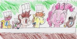 Size: 785x402 | Tagged: safe, artist:ptitemouette, pinkie pie, pound cake, pumpkin cake, oc, oc:charlie, oc:cheese cake, oc:cheese party, pony, g4, offspring, parent:cheese sandwich, parent:cranky doodle donkey, parent:matilda, parent:pinkie pie, parents:cheesepie, traditional art