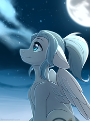 Size: 2367x3185 | Tagged: safe, artist:fensu-san, oc, oc only, pegasus, pony, female, full moon, high res, looking up, mare, moon, night, ponytail, profile, sitting, solo, spread wings, stars, wings