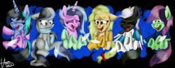 Size: 747x292 | Tagged: safe, artist:lordofthefeathers, oc, oc only, oc:drizzle cloud, oc:flora boldbash, oc:maggie pie, oc:moonshine twinkle, oc:orangejack, oc:tammy spears, alicorn, earth pony, pegasus, pony, unicorn, alicorn oc, clothes, ear piercing, earring, eyes closed, feather, female, group, hoof tickling, jewelry, mare, piercing, plaid shirt, scarf, socks, tickle torture, tickling, underhoof