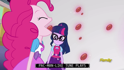 Size: 1920x1088 | Tagged: safe, screencap, pinkie pie, sci-twi, twilight sparkle, equestria girls, equestria girls specials, g4, my little pony equestria girls: mirror magic, candy, closed captioning, discovery family logo, food, pac-man, transition