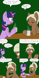 Size: 1600x3200 | Tagged: safe, artist:jake heritagu, twilight sparkle, oc, oc:sandy hooves, pony, ask miss twilight sparkle, comic:ask motherly scootaloo, g4, coffee, coffee mug, comic, miss twilight sparkle, mug