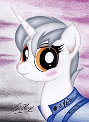 Size: 1555x2118 | Tagged: safe, artist:thechrispony, oc, oc only, oc:leaky faucet, pony, unicorn, fallout equestria, fallout equestria: the things we've handed down, bust, clothes, fallout, female, jumpsuit, looking at you, mare, portrait, signature, solo, traditional art, vault suit