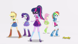 Size: 1920x1088 | Tagged: safe, screencap, applejack, fluttershy, pinkie pie, rainbow dash, rarity, sci-twi, twilight sparkle, equestria girls, equestria girls specials, g4, my little pony equestria girls: mirror magic, discovery family logo, female, glasses, humane five, mirror world, open mouth, sci-twi outfits, simple background, white background