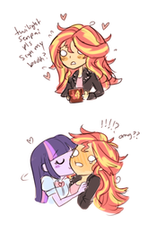 Size: 346x497 | Tagged: safe, artist:dashyice, sunset shimmer, twilight sparkle, equestria girls, g4, blushing, blushing profusely, cheek kiss, cute, eyes closed, female, kissing, lesbian, senpai, shimmerbetes, ship:sunsetsparkle, shipping, wingding eyes