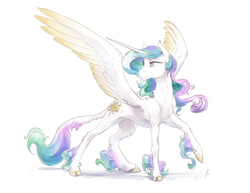 Size: 3300x2550 | Tagged: safe, artist:silfoe, princess celestia, alicorn, classical unicorn, pony, royal sketchbook, g4, ask, chin fluff, cloven hooves, colored fetlocks, colored wings, colored wingtips, ethereal fetlocks, female, high res, horn, leonine tail, mare, raised hoof, simple background, solo, spread wings, tumblr, unshorn fetlocks, white background, wings
