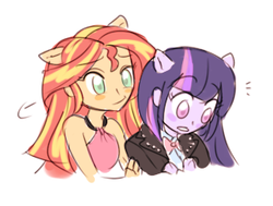 Size: 305x230 | Tagged: safe, artist:dashyice, sunset shimmer, twilight sparkle, equestria girls, g4, my little pony equestria girls: rainbow rocks, blushing, clothes, cute, female, jacket, lesbian, ponied up, shimmerbetes, ship:sunsetsparkle, shipping, sleeveless, twiabetes, twilight sparkle (alicorn)