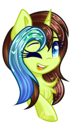 Size: 593x1026 | Tagged: safe, artist:sketchyhowl, oc, oc only, oc:equine palette, pony, unicorn, bust, female, mare, one eye closed, portrait, simple background, solo, transparent background, wink