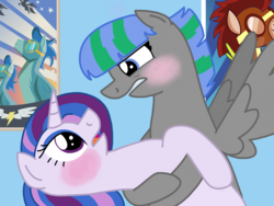 Size: 2048x1536 | Tagged: safe, artist:kindheart525, oc, oc only, oc:radiant jewel, oc:storm strike, pegasus, pony, unicorn, kindverse, blushing, female, lesbian, looking at each other, mare, oc x oc, offspring, offspring shipping, parent:blossomforth, parent:fancypants, parent:rarity, parent:thunderlane, parents:blossomlane, parents:raripants, shipping, story included, wonderbolts poster