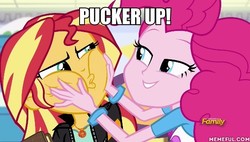 Size: 600x340 | Tagged: safe, edit, edited screencap, screencap, pinkie pie, sunset shimmer, equestria girls, equestria girls specials, g4, mirror magic, female, geode of empathy, geode of sugar bombs, image macro, imminent kissing, lesbian, magical geodes, meme, memeful.com, ship:sunsetpie, shipping