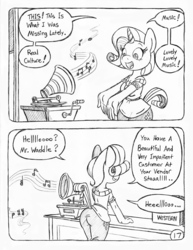 Size: 849x1100 | Tagged: safe, artist:circe, rarity, anthro, comic:soreloser, g4, black and white, comic, gramophone, grayscale, monochrome, music notes, traditional art