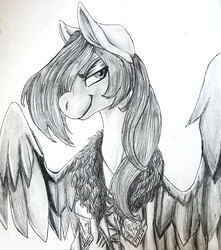 Size: 2233x2525 | Tagged: safe, artist:brainiac, oc, oc only, oc:liftan drift, pegasus, pony, bomber jacket, clothes, female, high res, mare, monochrome, patch, solo, traditional art