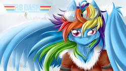 Size: 1920x1080 | Tagged: safe, artist:knifeh, rainbow dash, anthro, g4, female, goggles, looking at you, smiling, smirk, solo, wallpaper