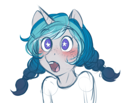 Size: 1035x853 | Tagged: safe, artist:askbubblelee, oc, oc only, oc:bubble lee, unicorn, anthro, anthro oc, blushing, clothes, female, filly, freckles, open mouth, pigtails, simple background, solo, starry eyes, wingding eyes, younger