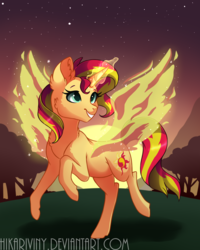 Size: 840x1050 | Tagged: safe, artist:hikariviny, sunset shimmer, pony, unicorn, g4, my past is not today, female, fiery shimmer, mare, outdoors, smiling, solo, sunset phoenix, tree, twilight (astronomy)