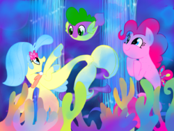 Size: 1024x768 | Tagged: safe, artist:andromedasparkz, pinkie pie, princess skystar, spike, puffer fish, seapony (g4), g4, my little pony: the movie, coral, seaponified, seapony pinkie pie, smiling, species swap, spike the pufferfish, underwater