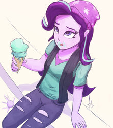 Size: 900x1015 | Tagged: safe, artist:grissaecrim, starlight glimmer, equestria girls, equestria girls specials, g4, my little pony equestria girls: mirror magic, beanie, clothes, female, food, hat, ice cream, licking, licking lips, sitting, solo, that human sure does love ice cream, that pony sure does love ice cream, tongue out, two scoops