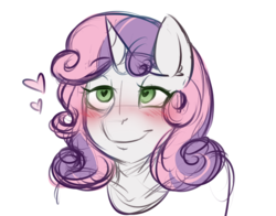 Size: 1098x861 | Tagged: safe, artist:askbubblelee, sweetie belle, unicorn, anthro, g4, blushing, cute, female, filly, heart, heart eyes, smiling, solo, wingding eyes