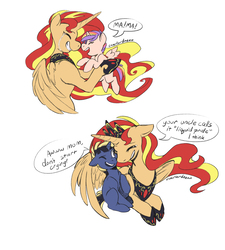 Size: 2671x2972 | Tagged: safe, artist:overlordneon, sunset shimmer, oc, oc:dusk eclipse, oc:nova dawn, alicorn, pony, g4, adopted offspring, alicornified, colt, crying, dialogue, eyes closed, female, filly, floppy ears, high res, hug, magical lesbian spawn, male, mare, mother and child, mother and daughter, mother and son, offspring, parent:sunset shimmer, parent:twilight sparkle, parents:sunsetsparkle, race swap, shimmercorn, simple background, smiling, speech bubble, tears of joy, white background, winghug, wings