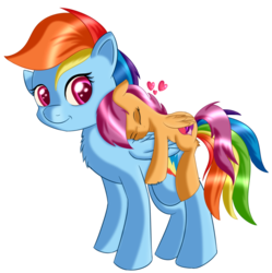 Size: 988x990 | Tagged: safe, artist:brok-enwings, rainbow dash, scootaloo, pegasus, pony, g4, carrying, cute, cutealoo, dashabetes, duo, duo female, eyes closed, female, floating heart, heart, looking at someone, ponies riding ponies, riding, scootaloo riding rainbow dash, scootalove, simple background, sleeping, transparent background
