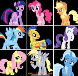 Size: 1444x1423 | Tagged: safe, applejack, derpy hooves, flash sentry, fluttershy, pinkie pie, rainbow dash, rarity, trixie, twilight sparkle, earth pony, pegasus, pony, unicorn, g4, female, flash hate, mane six, mare, meme, not you, op is a duck