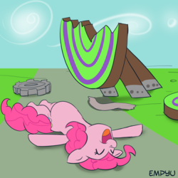 Size: 1000x1000 | Tagged: safe, artist:empyu, pinkie pie, earth pony, pony, g4, 30 minute art challenge, aftermath, dizzitron, eyes closed, laughing, on back, open mouth, solo