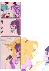 Size: 2370x3444 | Tagged: safe, artist:yuck, adagio dazzle, aria blaze, sci-twi, sonata dusk, twilight sparkle, human, equestria girls, g4, :t, adagilight, blushing, clothes, colored pupils, comic, dialogue, female, glasses, high res, lesbian, microphone, science, scitwidagio, shipping, simple background, singing, text, white background