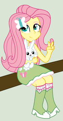 Size: 1056x2008 | Tagged: safe, artist:mrtheamazingdude, angel bunny, fluttershy, equestria girls, g4, peace sign, simple background, sitting