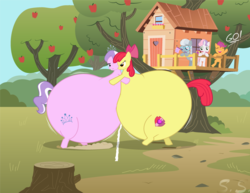 Size: 1584x1224 | Tagged: safe, artist:silver-soldier, apple bloom, diamond tiara, scootaloo, silver spoon, sweetie belle, earth pony, pegasus, pony, unicorn, g4, apple blob, bottom heavy, cutie mark crusaders, fat, female, filly, flag, morbidly obese, obese, sumo, wrestling