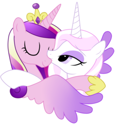 Size: 1428x1567 | Tagged: safe, artist:frowoppy, fleur-de-lis, princess cadance, alicorn, pony, unicorn, g4, cheek kiss, crown, duo, eyes closed, female, fleurdance, horn, hug, infidelity, jewelry, kissing, lesbian, mare, nuzzling, regalia, shipping, simple background, smiling, transparent background, winghug, wings
