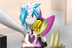 Size: 3000x2000 | Tagged: safe, artist:glassmenagerie, dj pon-3, songbird serenade, vinyl scratch, pegasus, pony, unicorn, g4, my little pony: the movie, armpits, heart, high res, selfie, wing hands