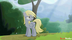 Size: 636x357 | Tagged: safe, artist:brutalweather studio, derpy hooves, starlight glimmer, pegasus, pony, unicorn, g4, rock solid friendship, :t, abuse, angry, animated, anvil, bouncing, confused, derp, derpybuse, falling, female, frown, gif, glare, glimmerbuse, hitting, mare, nose wrinkle, open mouth, ouch, raised eyebrow, raised hoof, scrunchy face, show accurate, slow motion, throwing, wide eyes