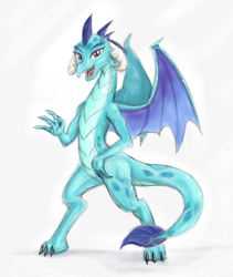 Size: 1017x1205 | Tagged: safe, artist:testostepone, princess ember, dragon, g4, colored sketch, female, looking at you, simple background, solo, waving