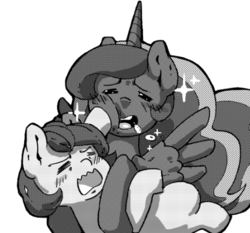 Size: 465x433 | Tagged: artist needed, safe, princess luna, oc, oc:filly anon, alicorn, earth pony, pony, g4, 4chan, blushing, drawthread, eyes closed, female, filly, hape, hug, monochrome, spread wings, wavy mouth, wings