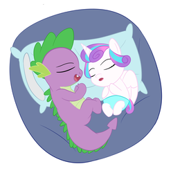Size: 1700x1700 | Tagged: safe, artist:toughbluff, princess flurry heart, spike, alicorn, dragon, pony, g4, baby, cute, diaper, duo, eyes closed, female, filly, flurrybetes, male, pillow, sleeping, spikabetes