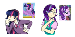 Size: 918x452 | Tagged: safe, artist:pandemiamichi, starlight glimmer, twilight sparkle, alicorn, human, pony, unicorn, g4, clothes, duo, humanized, light skin, simple background, twilight sparkle (alicorn), white background