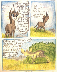 Size: 1080x1368 | Tagged: safe, artist:thefriendlyelephant, oc, oc only, oc:uganda, antelope, dik dik, giant sable antelope, comic:sable story, africa, animal in mlp form, cloven hooves, comic, grass, hill, horns, mountain, savanna, traditional art