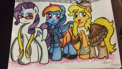 Size: 3264x1836 | Tagged: safe, artist:mlparistisccsketch, applejack, rainbow dash, rarity, earth pony, pegasus, pony, unicorn, g4, alternate hairstyle, boots, clothes, dress, ear piercing, earring, eyeshadow, female, glasses, hat, jewelry, lipstick, makeover, makeup, mare, measuring tape, piercing, shoes, skirt, traditional art, trio