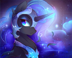 Size: 1652x1326 | Tagged: safe, artist:koveliana, nightmare moon, alicorn, pony, g4, beautiful, feather, female, helmet, mare, night, solo, stars