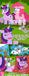 Size: 600x1523 | Tagged: safe, artist:threetwotwo32232, pinkie pie, twilight sparkle, alicorn, koala, pony, g4, comic, drop bear, open mouth, pomf, screaming, text, tree, twilight sparkle (alicorn)