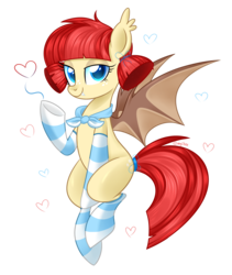 Size: 3200x3800 | Tagged: safe, artist:kaikururu, oc, oc only, oc:burger bite, bat pony, pony, clothes, heart, high res, simple background, socks, solo, striped socks, transparent background