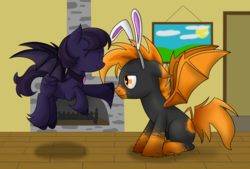 Size: 3100x2100 | Tagged: safe, artist:cloudy95, oc, oc only, oc:ariadne, oc:tang, bat pony, pony, boop, bunny ears, female, high res, male, mare, sitting, stallion