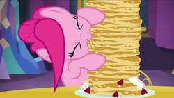 Size: 1919x1080 | Tagged: safe, screencap, pinkie pie, earth pony, pony, castle sweet castle, g4, cute, diapinkes, eating, eyes closed, female, food, mare, nom, pancakes, solo