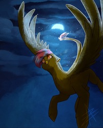 Size: 750x928 | Tagged: artist needed, source needed, safe, oc, oc only, oc:elair, classical hippogriff, hippogriff, flying, long neck, moon, night, solo, spread wings, stars, wings