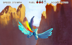 Size: 1730x1096 | Tagged: safe, artist:xbi, rainbow dash, pony, g4, 30 minute art challenge, fake game screenshot, flying, scenery, video game