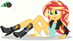 Size: 1518x864 | Tagged: safe, artist:illumnious, artist:mlpcutepic, edit, sunset shimmer, equestria girls, g4, boots, clothes, cute, diaper, diaper edit, female, non-baby in diaper, shimmerbetes, shoes, simple background, skirt, solo, upskirt